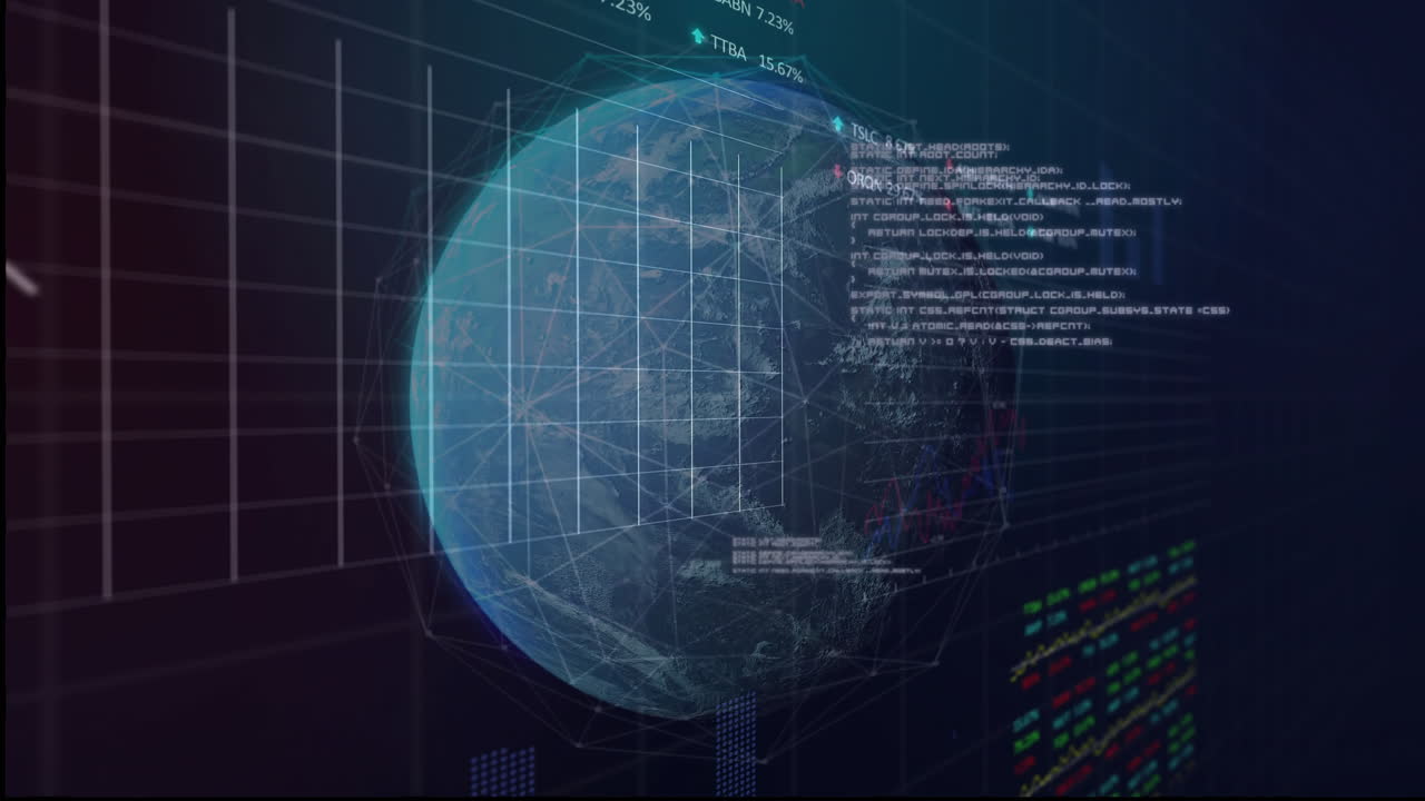 Global data visualization and coding animation over rotating digital Earth