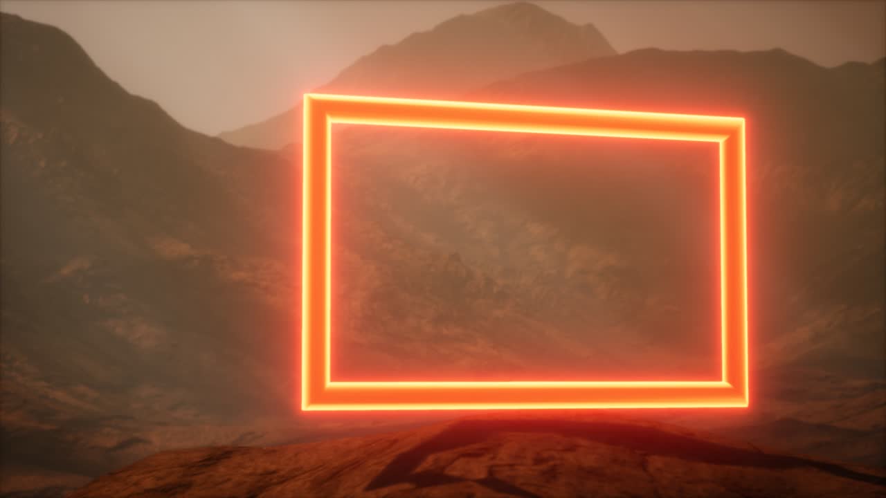 portal de neón en la superficie del planeta marte con el soplo de polvo