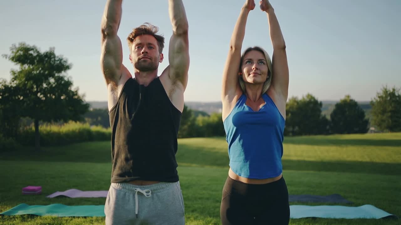 Coppia si tiene per mano e poi alza le braccia sopra la testa, sincronizzando uno stretching fitness su tappetini da yoga al parco.