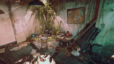 abandoned room overgrown with plants