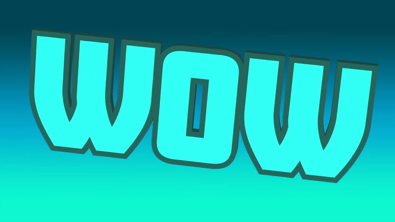 animación digital del texto wow moviéndose contra un fondo de gradiente azul y verde