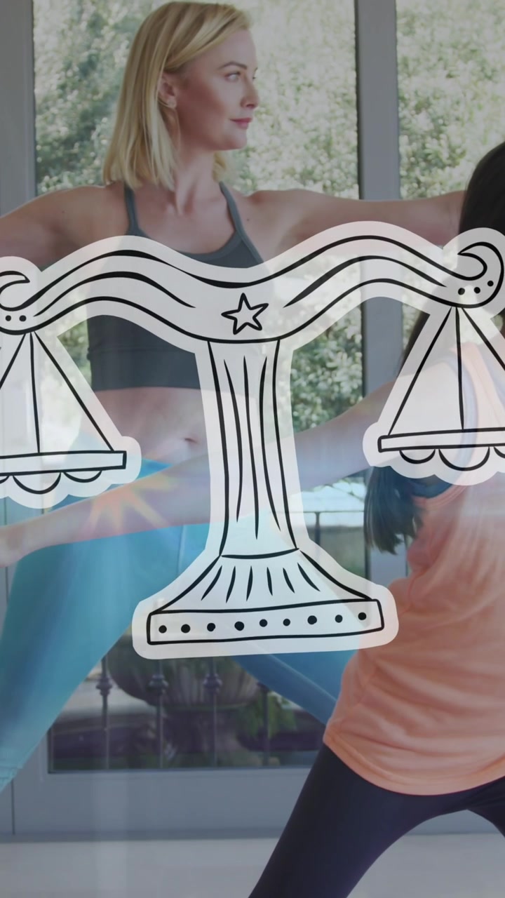Animazione di segno zodiacale della Bilancia su madre e figlia caucasiche che praticano yoga
