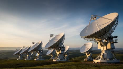 a stunning display of satellite dishes in a scenic landscape: communicating with the cosmos amidst rolling hills and a beautiful sky