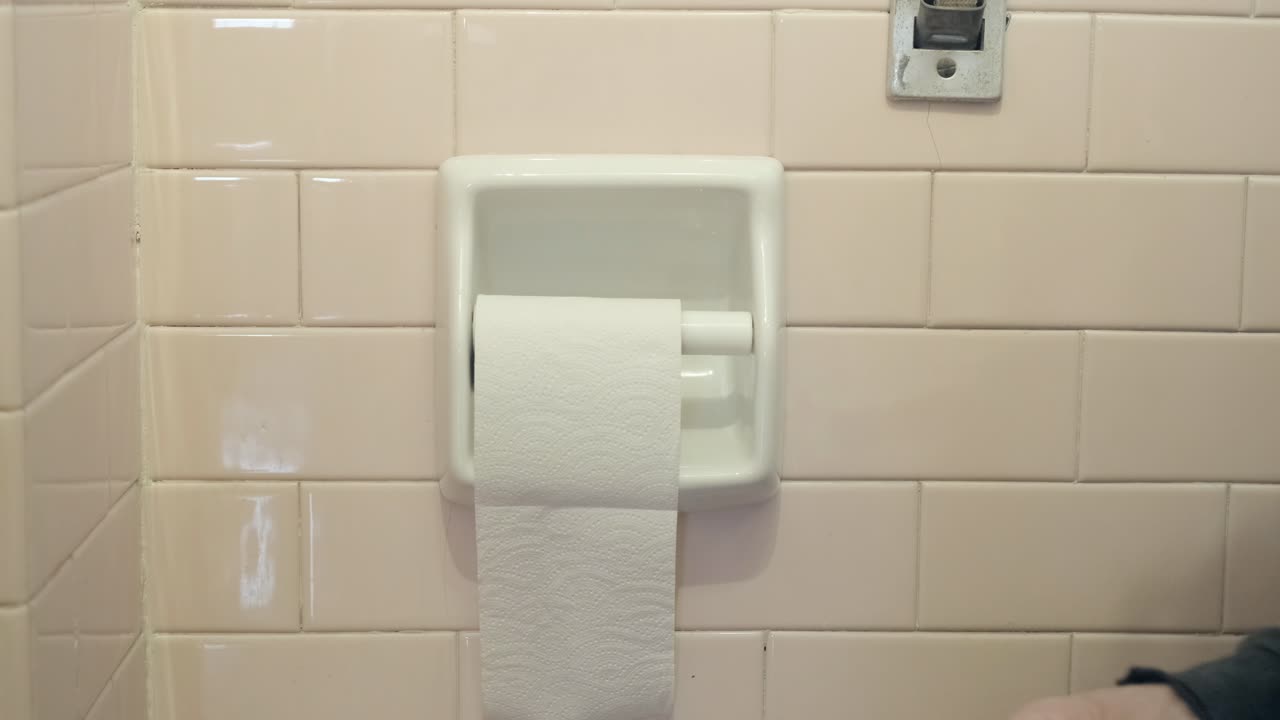 The hand of a man picking a strip of paper from a toilet roll and discovering it's the last