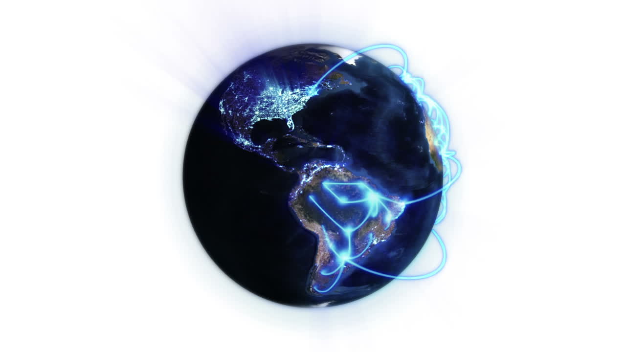 red azul en una tierra iluminada con nubes en movimiento con imagen de la tierra cortesía de nasa.org