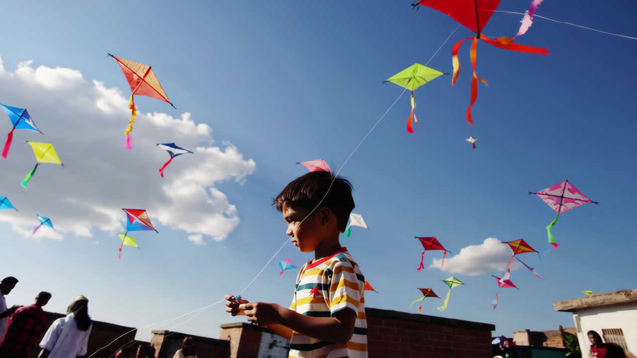 A boy flying colorful kites under a clear blue sky