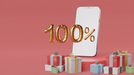 Smartphone-Mostrando-100%-Dorado-Junto-A-Una-Variedad-De-Cajas-De-Regalo-Sobre-Fondo-Rojo.