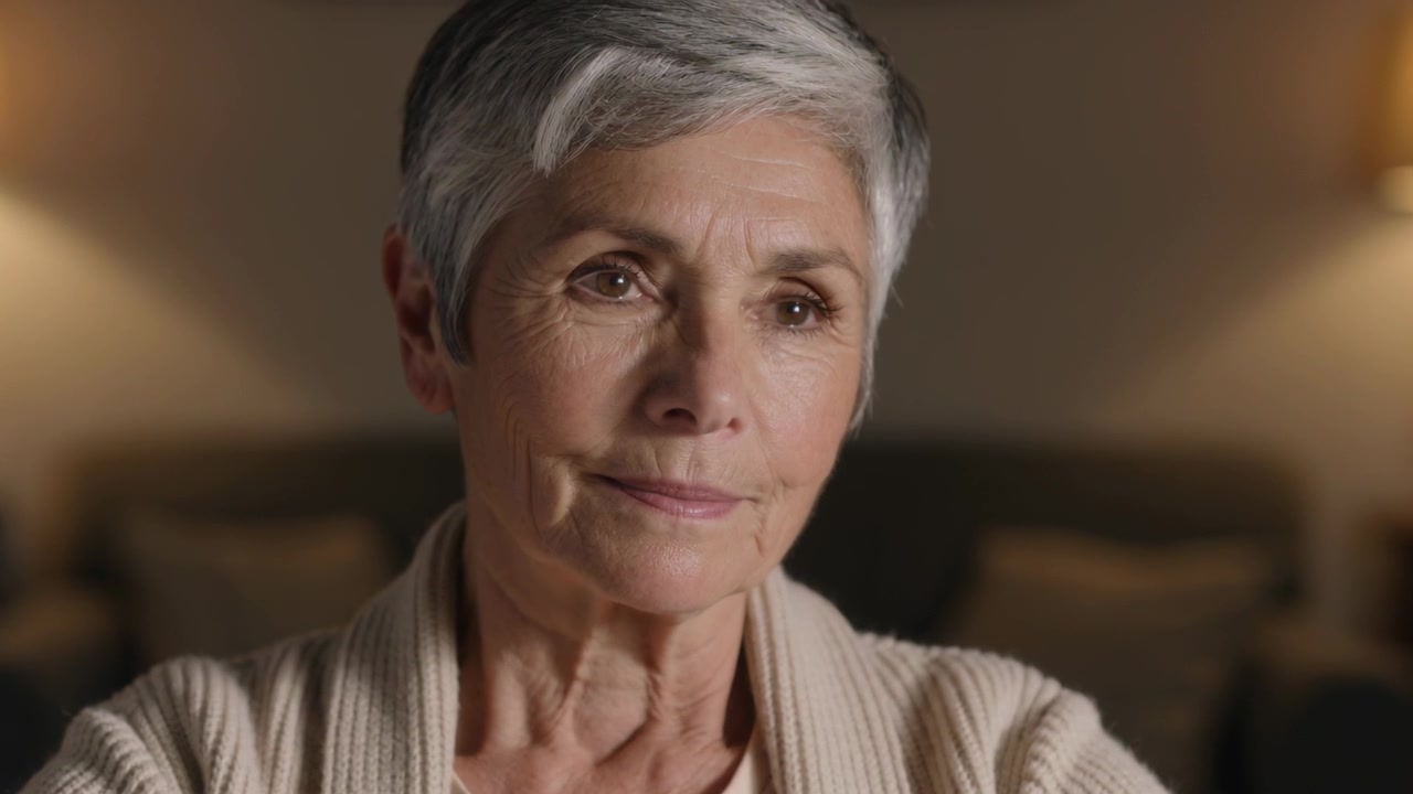 Turning senior woman tilting head, listening to offscreen voice on sofa with cardigan, lamps