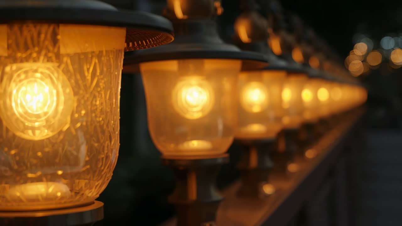 La telecamera si allontana rivelando una lampada a filamento decorata e una fila di luci bokeh sulla ringhiera al tramonto, con spazio per il testo