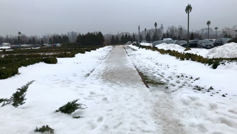 snowy park path in city
