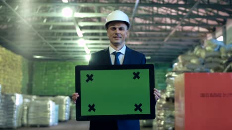 smiling businessman with chromakey sign