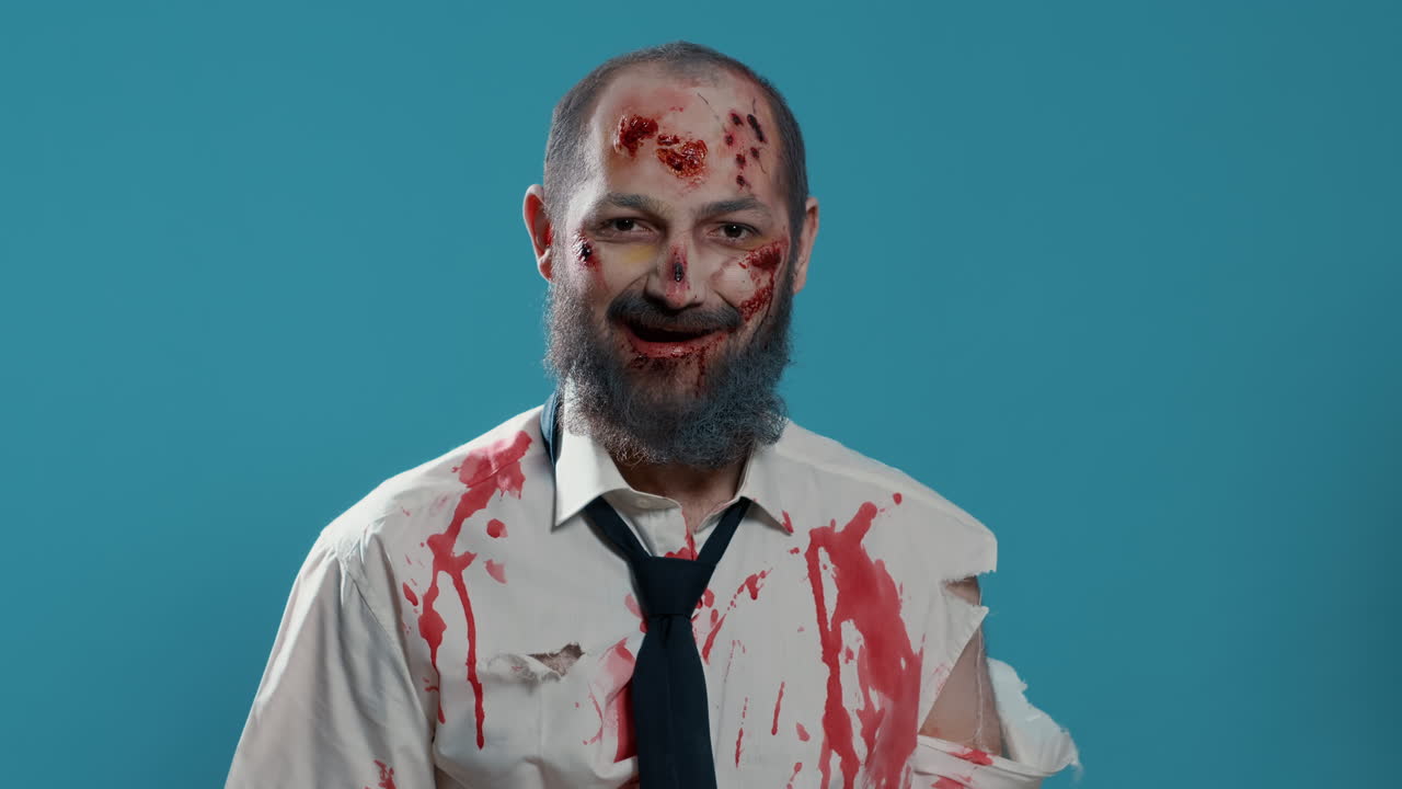 Brain-eating zombie with creepy smirk getting vaccine shot on arm