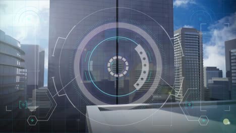 animation of interface with round scanner and data processing against aerial view of tall buildings