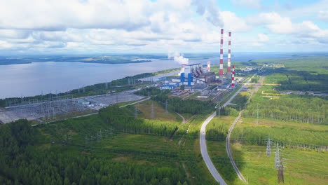 aerial view of power plant near river