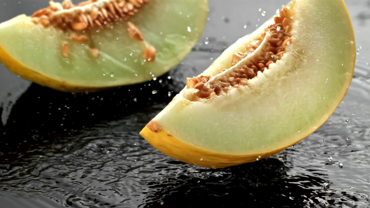 Fresh Melon Slice Splashing into Water on Black Background