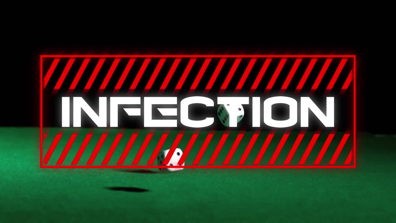 animación del texto de la infección por covid-19 sobre dos dados en fondo verde