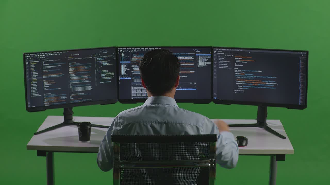 Back View Of Happy Asian Man Developer Celebrating While Write Code With Multiple Computer Screens In Green Screen Studio