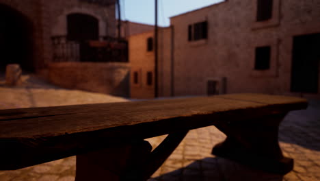 a wooden bench in an old town