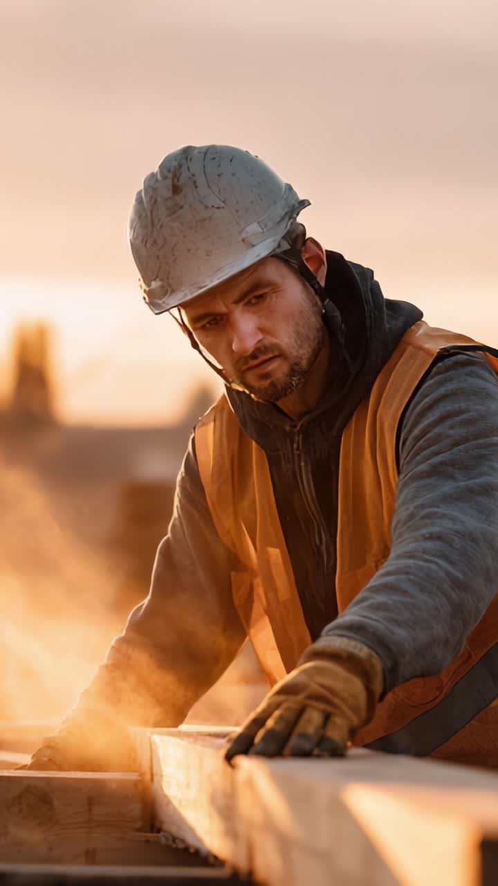 Dedicated Worker Focusing on Construction Tasks at Sunset, Showcasing Hard Work and Determination in an Evening Work Environment