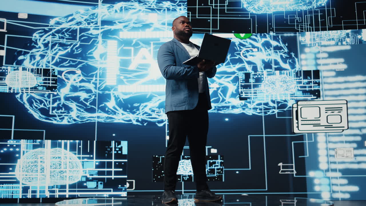 African american tech expert works with AI ethics and neural networks