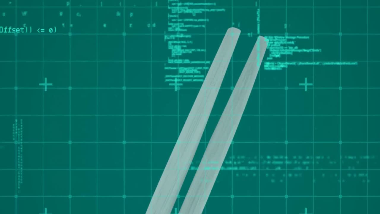 Animation of data processing and grid network over chopsticks against green background