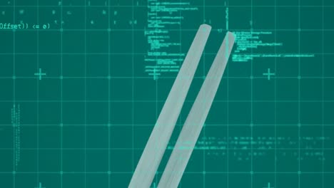 Animation-of-data-processing-and-grid-network-over-chopsticks-against-green-background