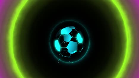 animation of digital football over neon circles on black background