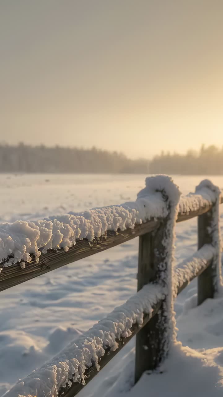 Vertical video: Panning camera revealing frosted split-rail fence in snowy field, showing Santa hat