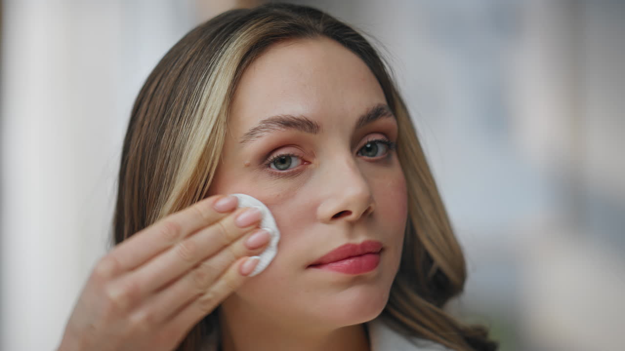 Woman using cotton pad for skincare