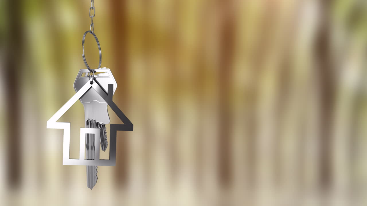 animación de llavero en forma de casa sobre un fondo borroso