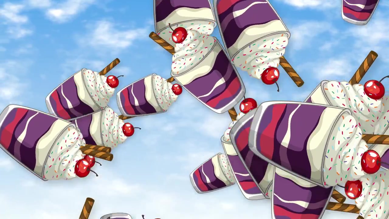Taças de sobremesa coloridas ilustradas em 2D com chantilly caindo contra um céu azul nublado.