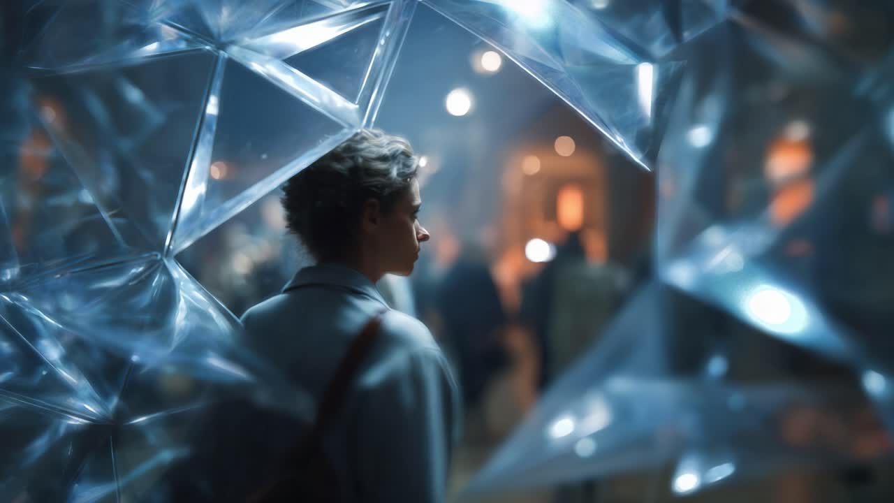 Captivated by Glass Artistry: A Profile of a Person Observing an Intricate Installation Surrounded by a Mystical Atmosphere of Light and Reflection
