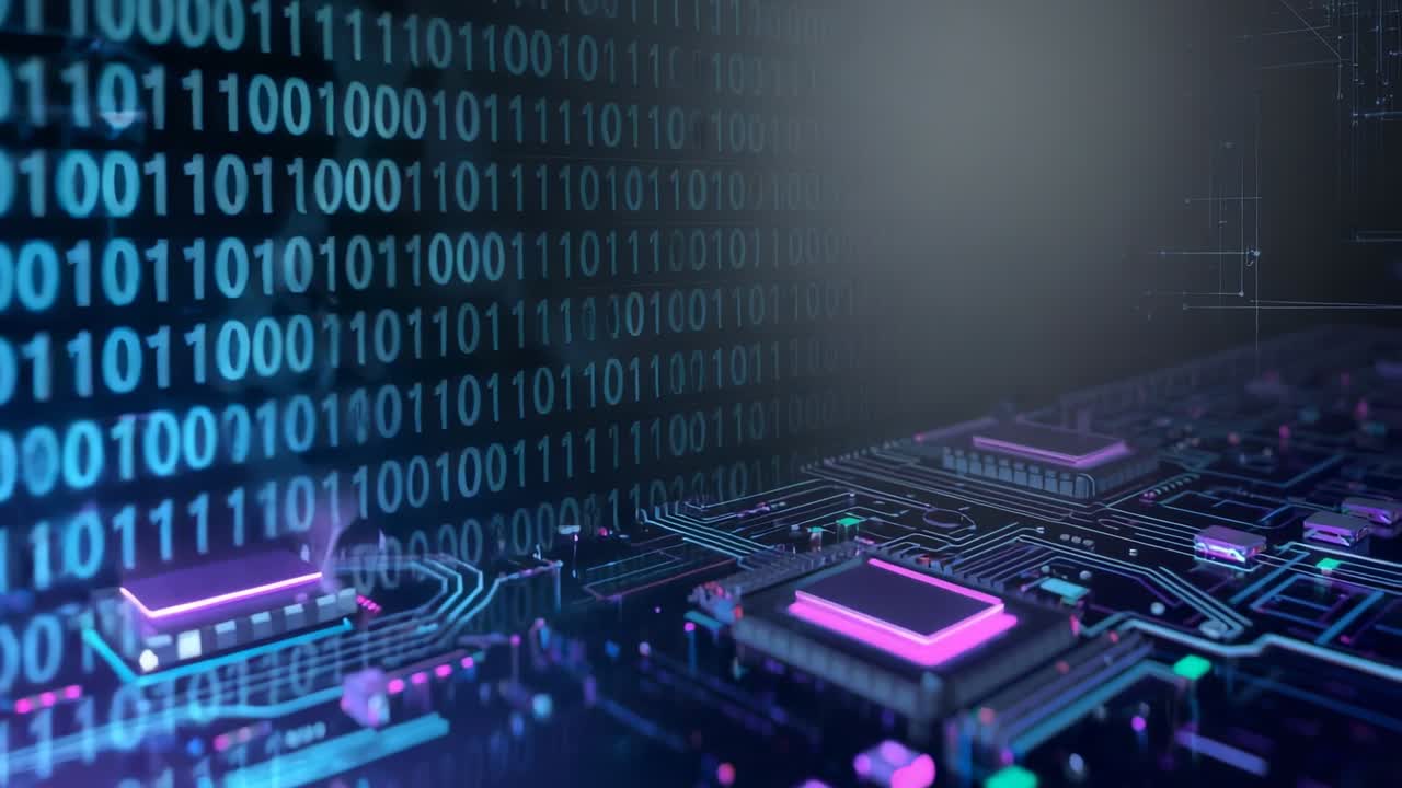 Binary panel flickering causing circuit board emerging in digital frame, showing data flow