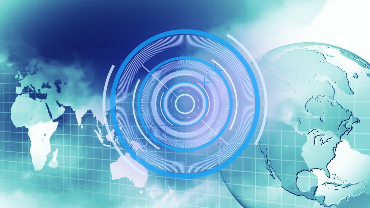 Animation of scope scanning over globe and world map on blue background