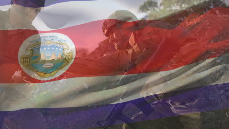 animation of flag of costa rica over diverse male soldiers