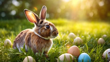 un conejo sentado en la hierba junto a un montón de huevos