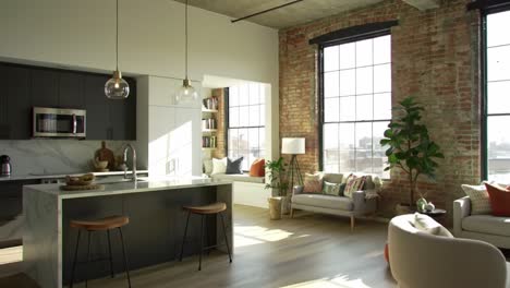 stylish modern living space with exposed brick walls and natural light featuring contemporary furniture and greenery in a bright urban environment