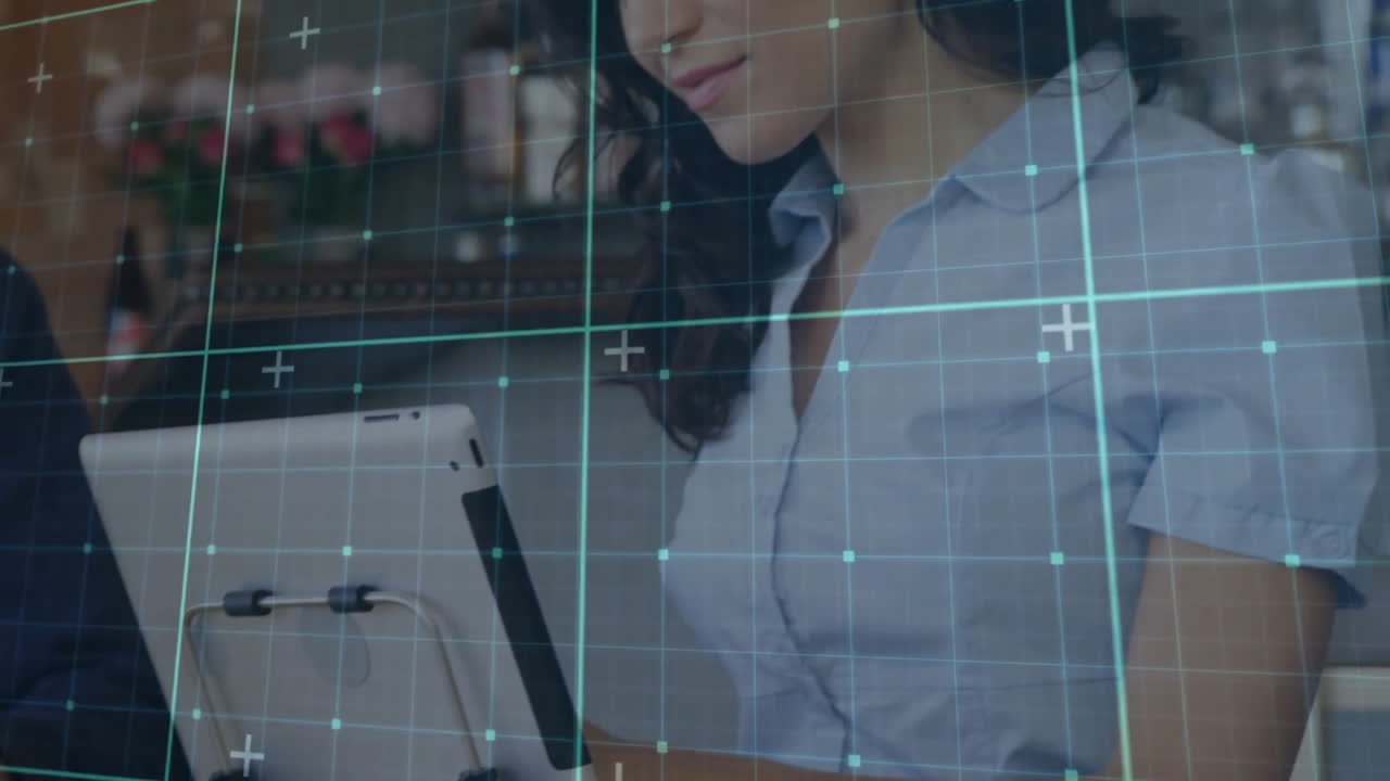 animación de la red de conexiones sobre mujer caucásica usando tableta