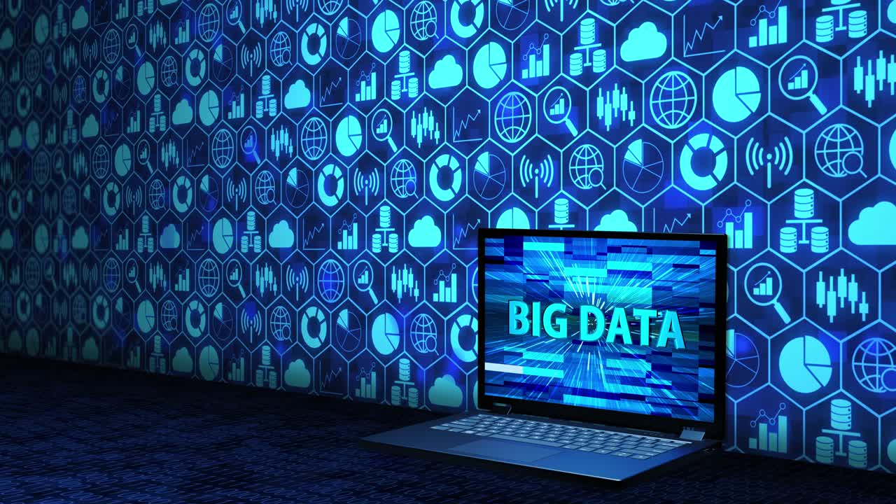 3D Rendering Laptop/Notebook on the floor with Big Data Technology on the screen and icon set Background with Random Binary Code on the floor in blue color. Seamless loop.