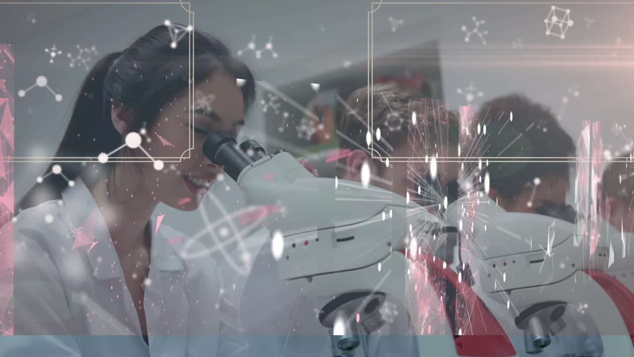 animación de moléculas y procesamiento de datos sobre diversos científicos en el laboratorio