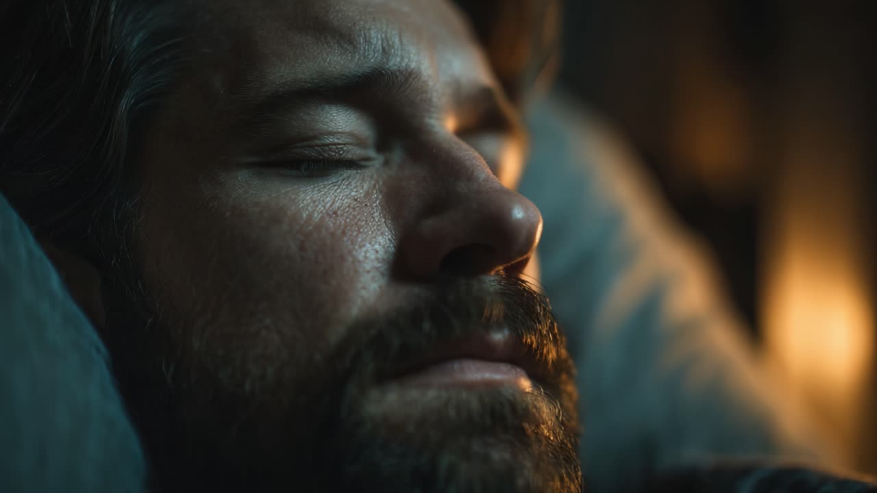 Um Momento Sereno de Descanso: Capturando a quietude de um homem enquanto ele dorme pacificamente, cercado por um brilho suave e atmosfera tranquila.