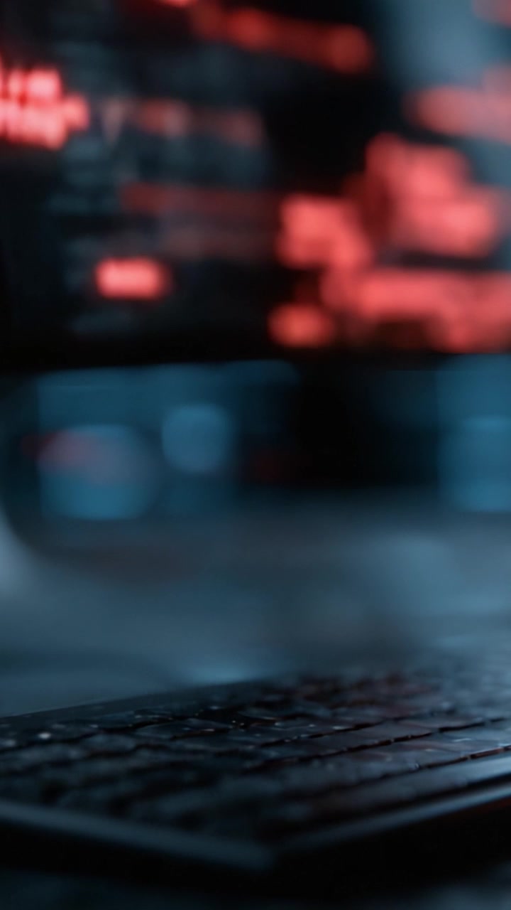 A Close-Up View of a Computer Keyboard Illuminated by Streaming Code in the Background, Depicting a Digital Environment Filled with Data and Technology Themes