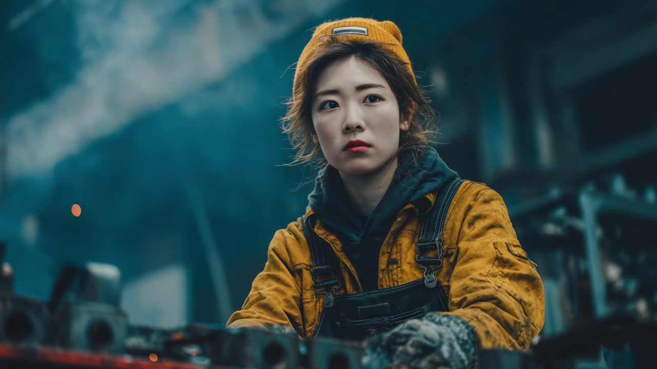 A Young Worker in a Heavy Industrial Setting, Focused and Determined Under Gloomy Atmospheric Conditions, Engaged in Complex Mechanical Tasks Amidst Smoke and Equipment