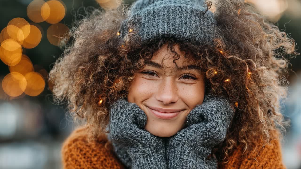 An Enchanting Moment of Joy: A Young Woman with Curly Hair and Warm Clothing Smiling Beautifully, Surrounded by Sparkling Lights that Illuminate the Scene