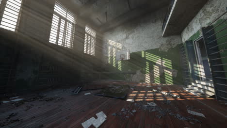 abandoned gymnasium with sunlight pouring through broken windows