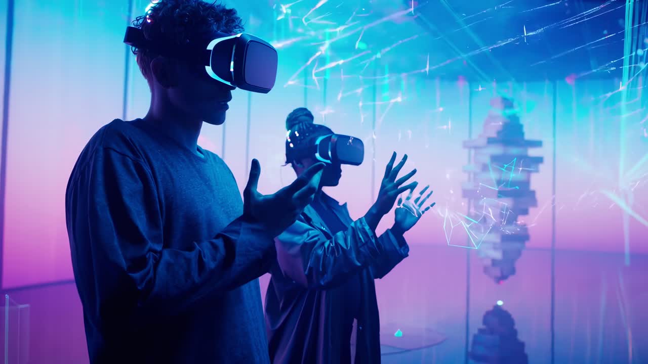 Low-angle shot of two people in VR headsets, immersed in a neon-lit, futuristic video game