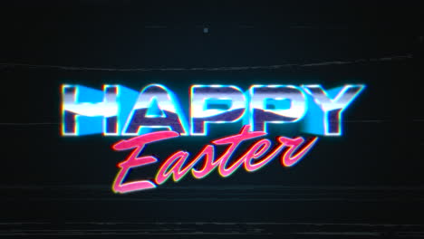 happy easter with glitch effect and noise on digital in 80s style