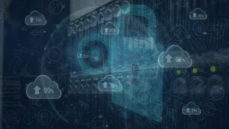 animation of numbers, arrows in clouds, circles, padlock and circuit board pattern on server rack