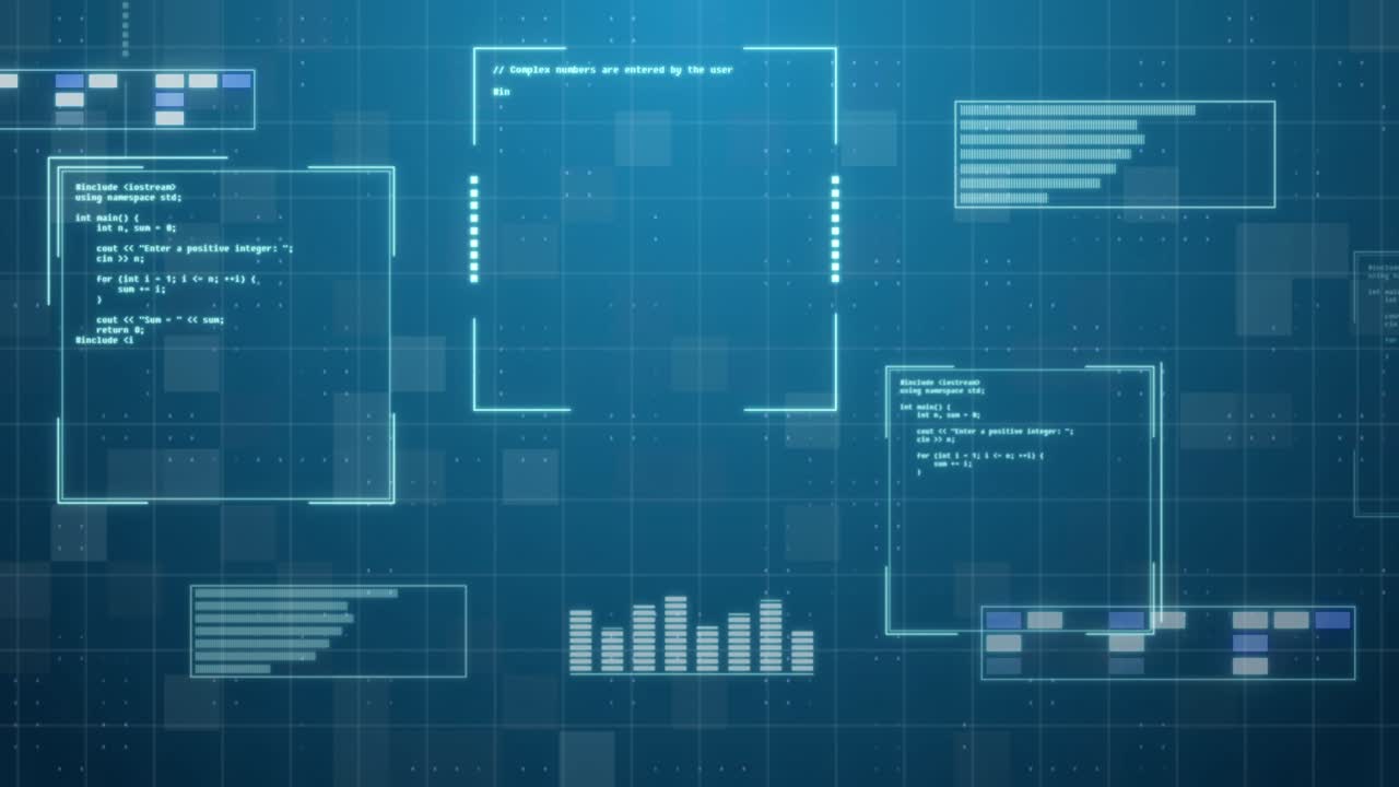 futuristic animation of HUD interface with programming code. abstract technology looped background. hi-tech digital cyber concept. FUI, GUI,UI virtual design. cyberspace elements. Computer technology