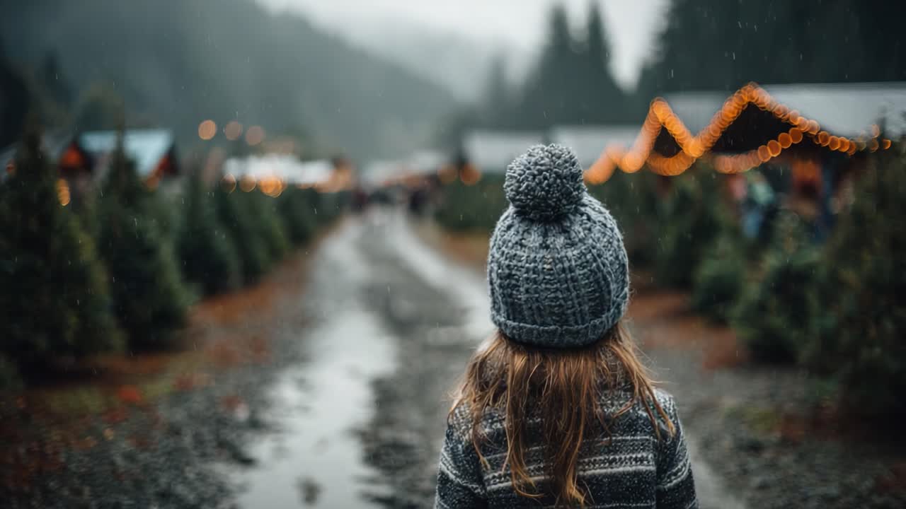 A Young Child with a Knitted Hat Gazes into a Twinkling Forest Path, Surrounded by Beautifully Adorned Christmas Trees and Sparkling Lights on a Rainy Day